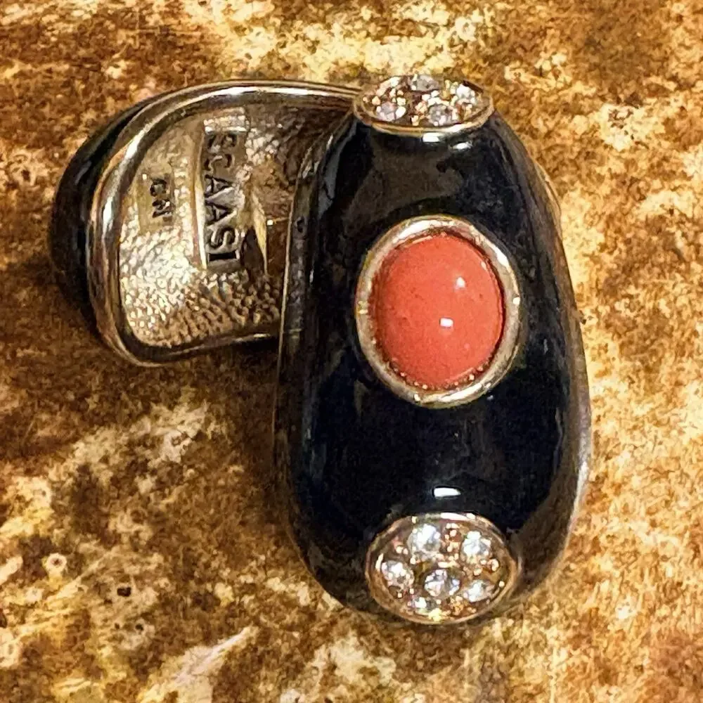 Scaasi 1980's Clip On Earrings Black Enamel, Rhinestones & Coral w/ Gold Vintage